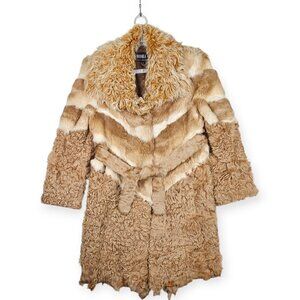 Michaela Fur | Real Fur Coat | Women's | XL | Tan/Brown | Chevron Patchwork Belt